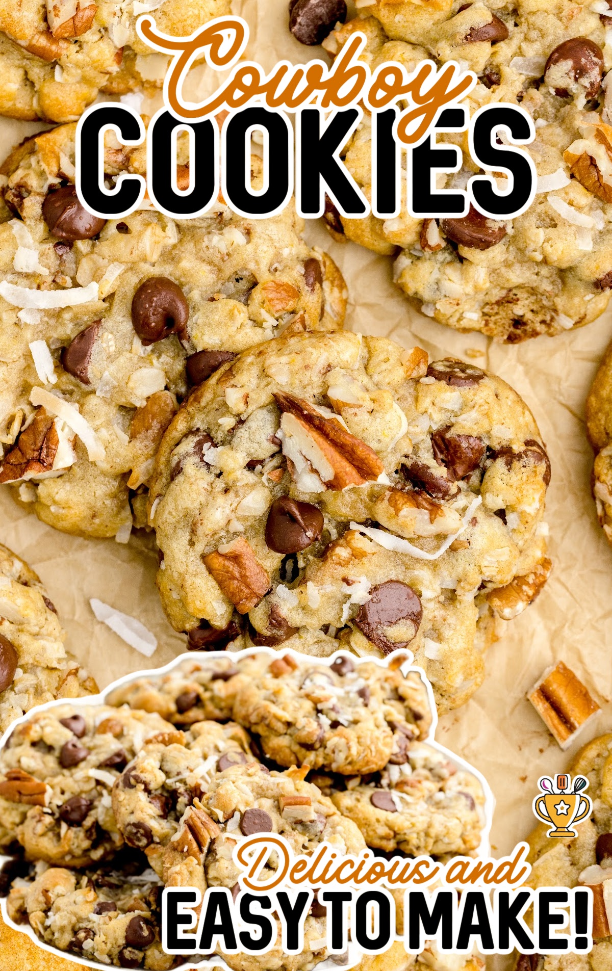 Cowboy cookies laying on brown parchment paper.