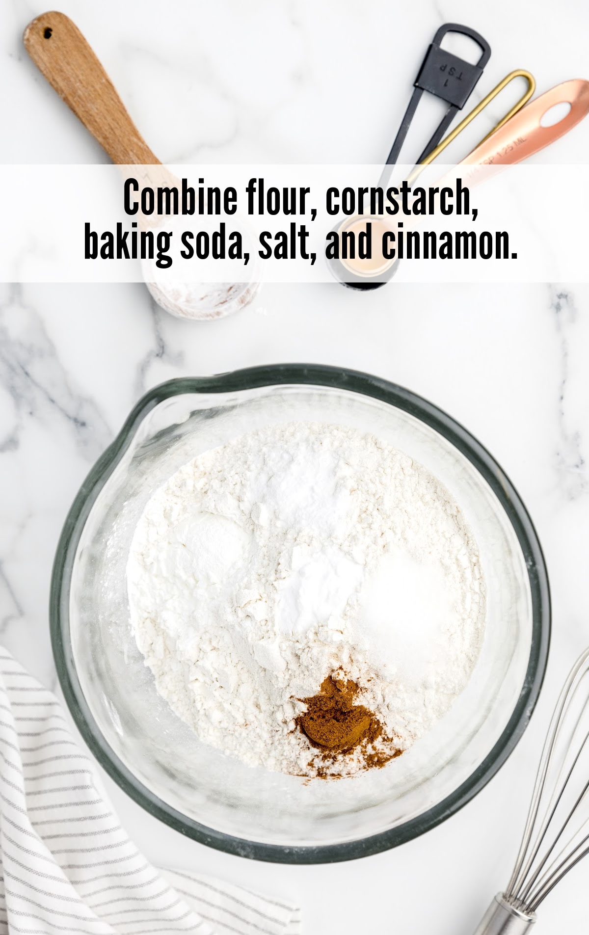 flour, cornstarch, baking soda and cinnamon in a bowl