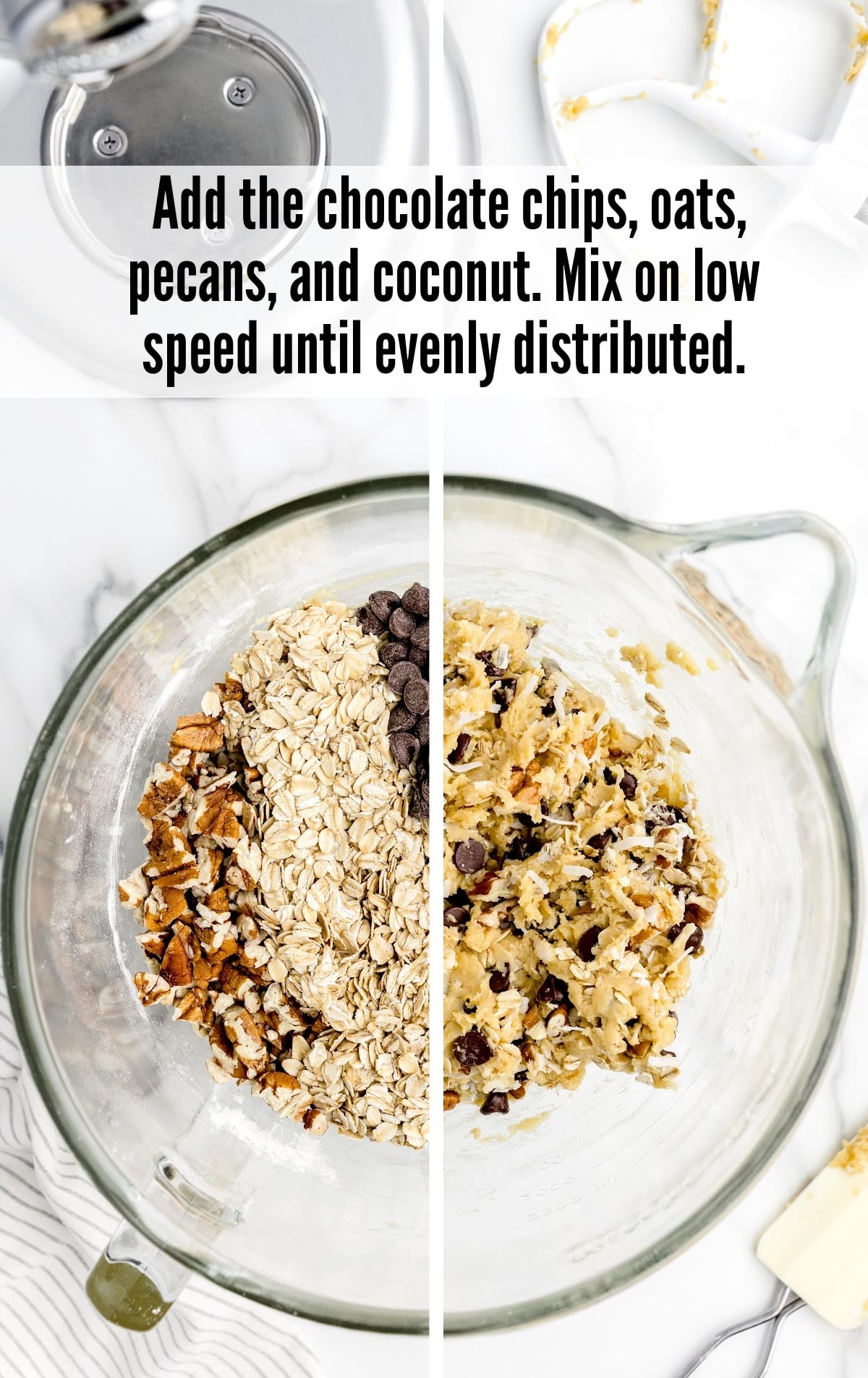 chocolate chips, oats, pecans and coconut in a bowl