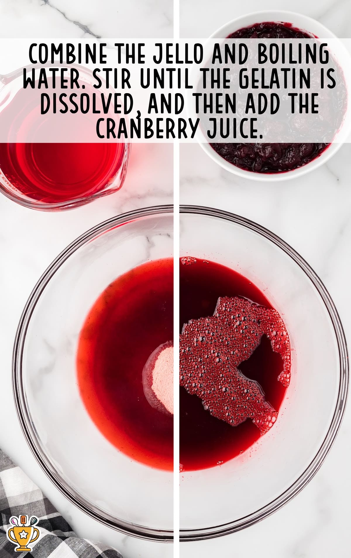 jello and boiling water with cranberry juice in a glass