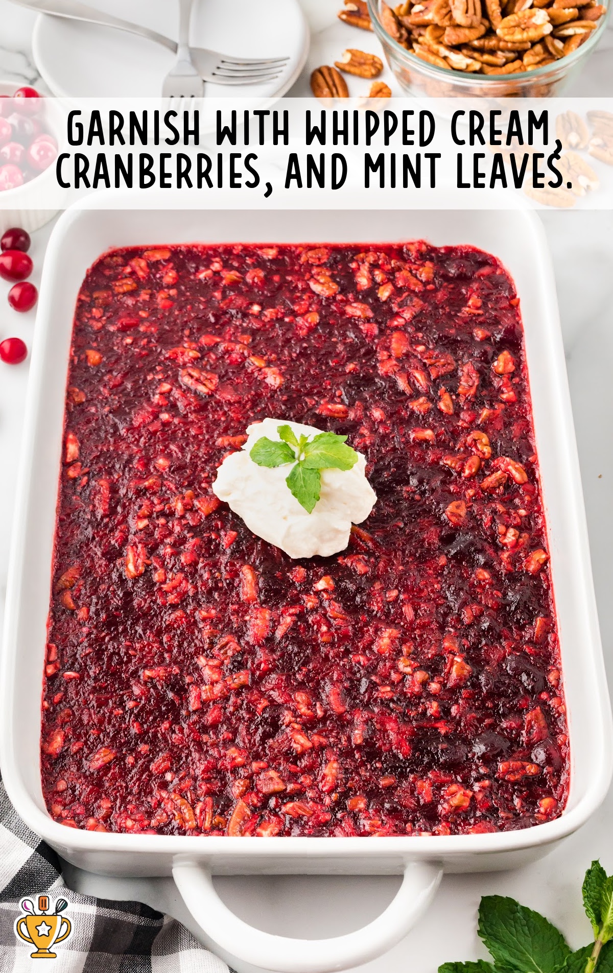 whipped cream, cranberries and mint leaves added in the dish