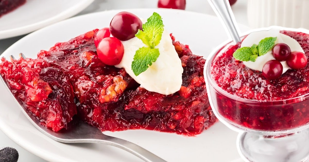 Cranberry Jello Salad on a plate and in a glass