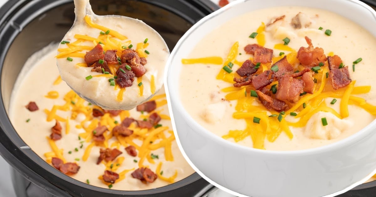 Crockpot Potato Soup in a crockpot and in a bowl