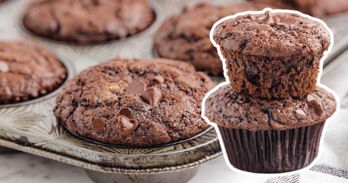 Double Chocolate Chip Muffins in a muffin pan and other two stacked