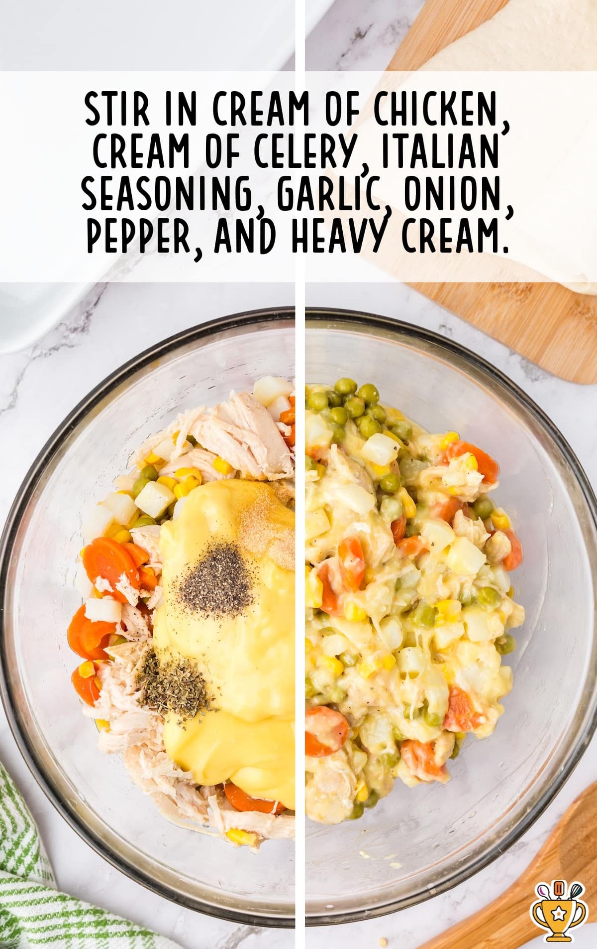 The we ingredients and seasonings are added to the bowl and stirred together.