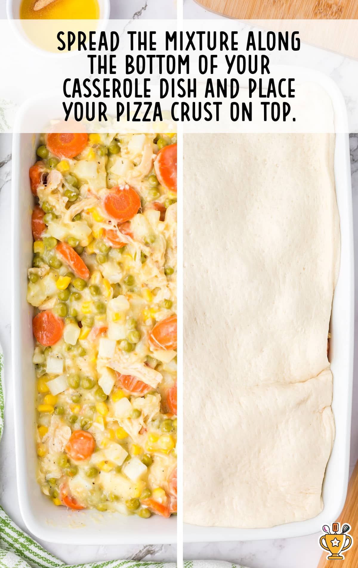 The pizza crust is spread over the top of the casserole dish.