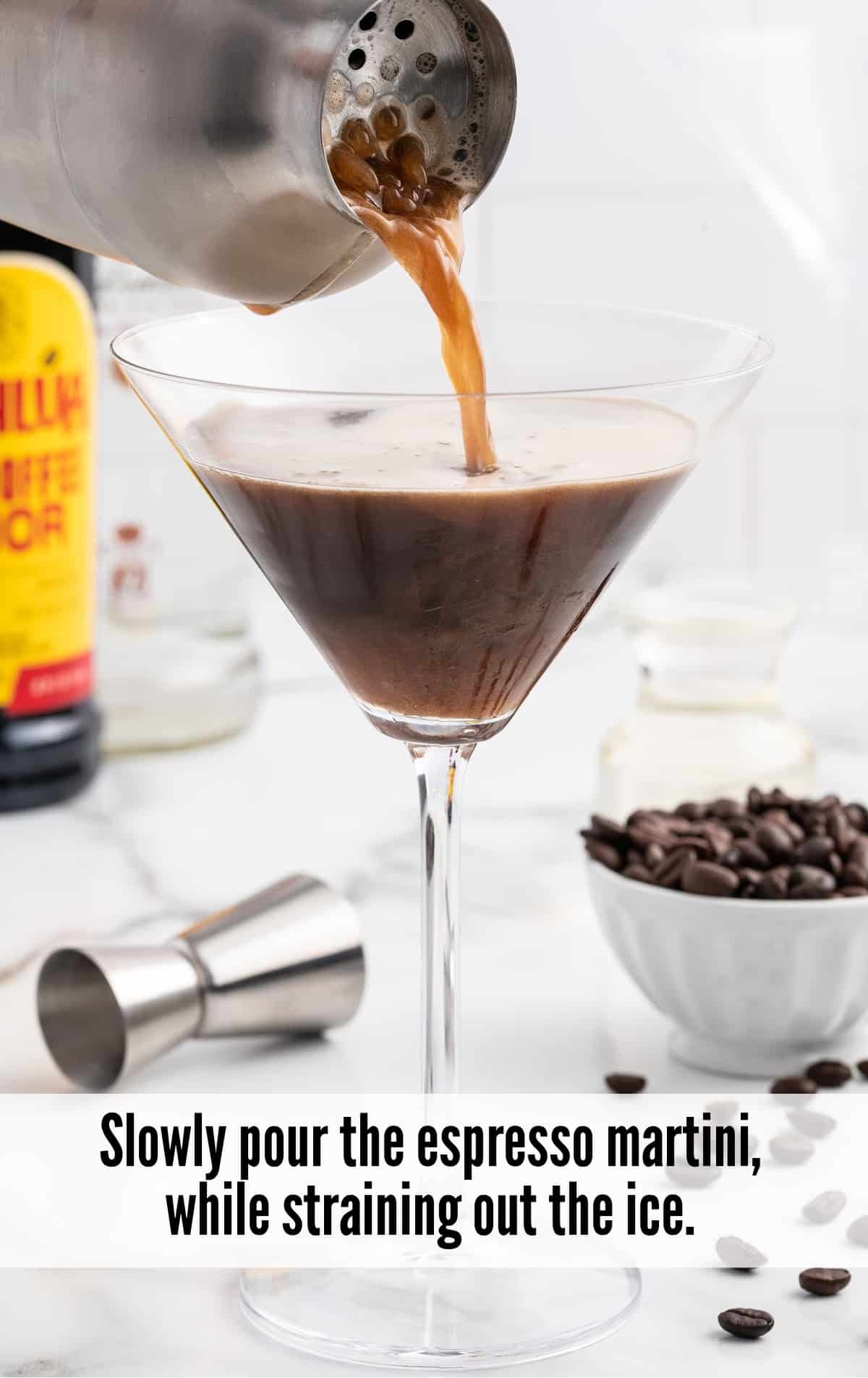 pouring espresso martini into the glass