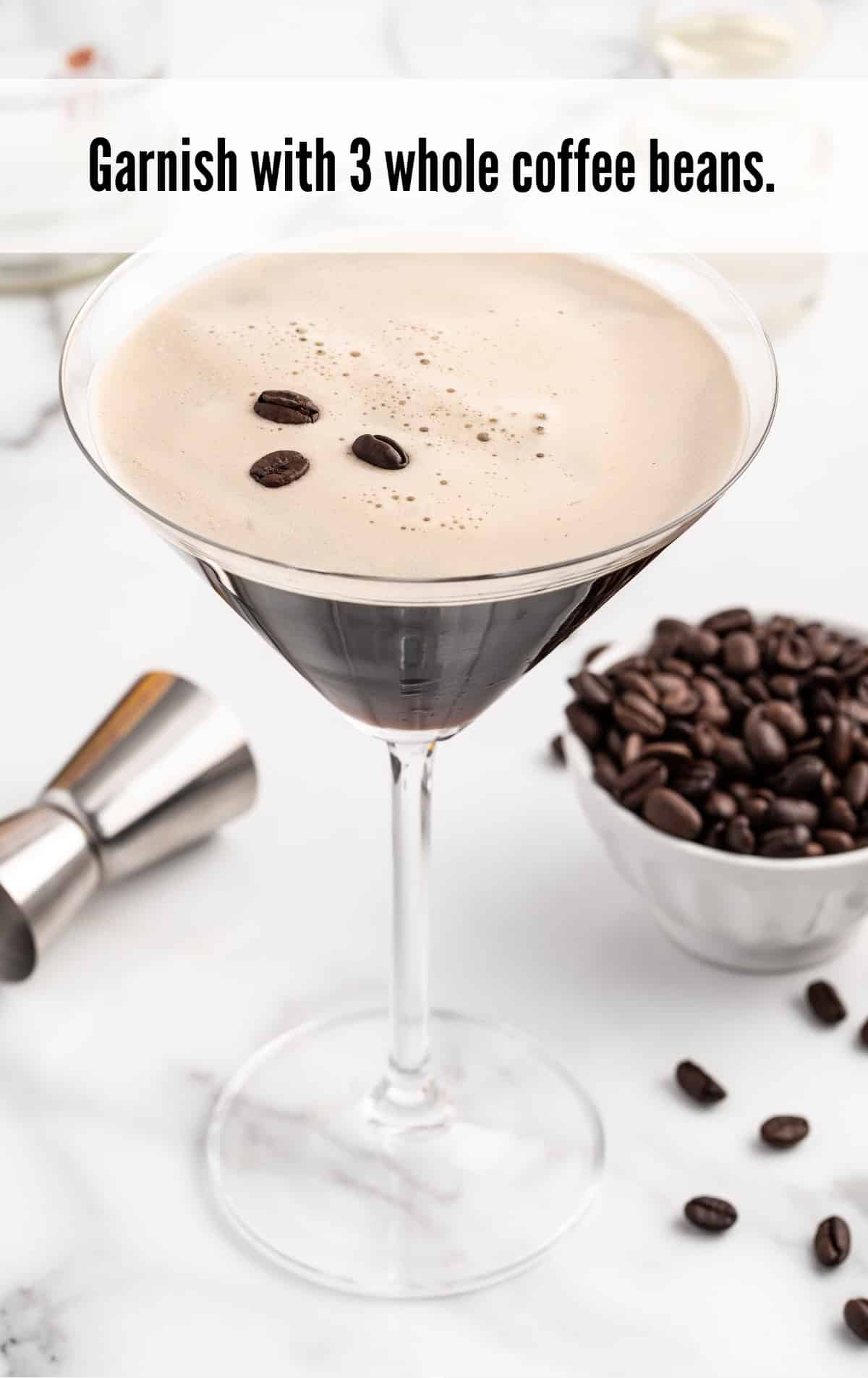 Espresso Martini Recipe garnished with 3 coffee beans