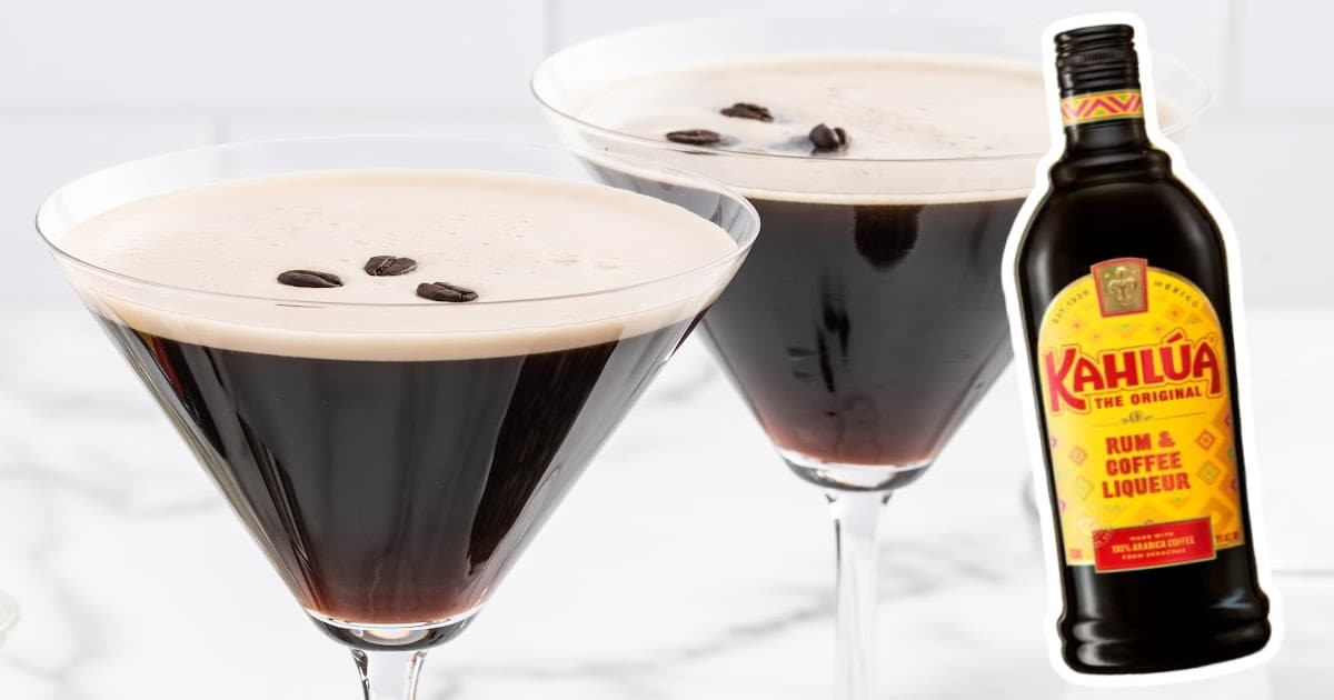 Espresso Martini Recipe in glasses with a bottle of rum and coffee liqueur
