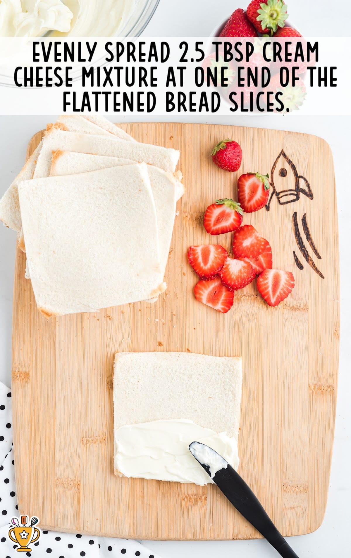 cream cheese spread on the flattened bread slices