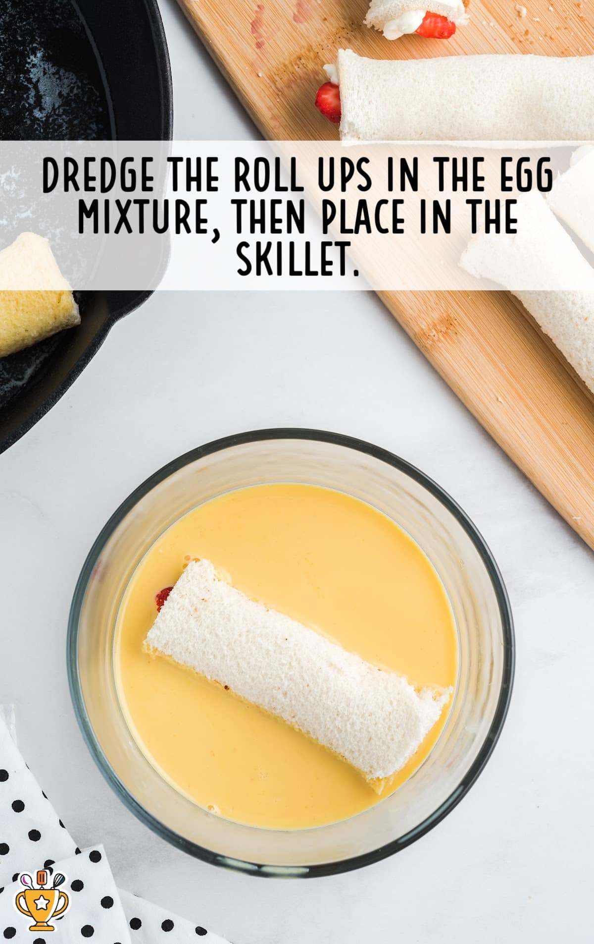 A roll up dredged in the egg mixture