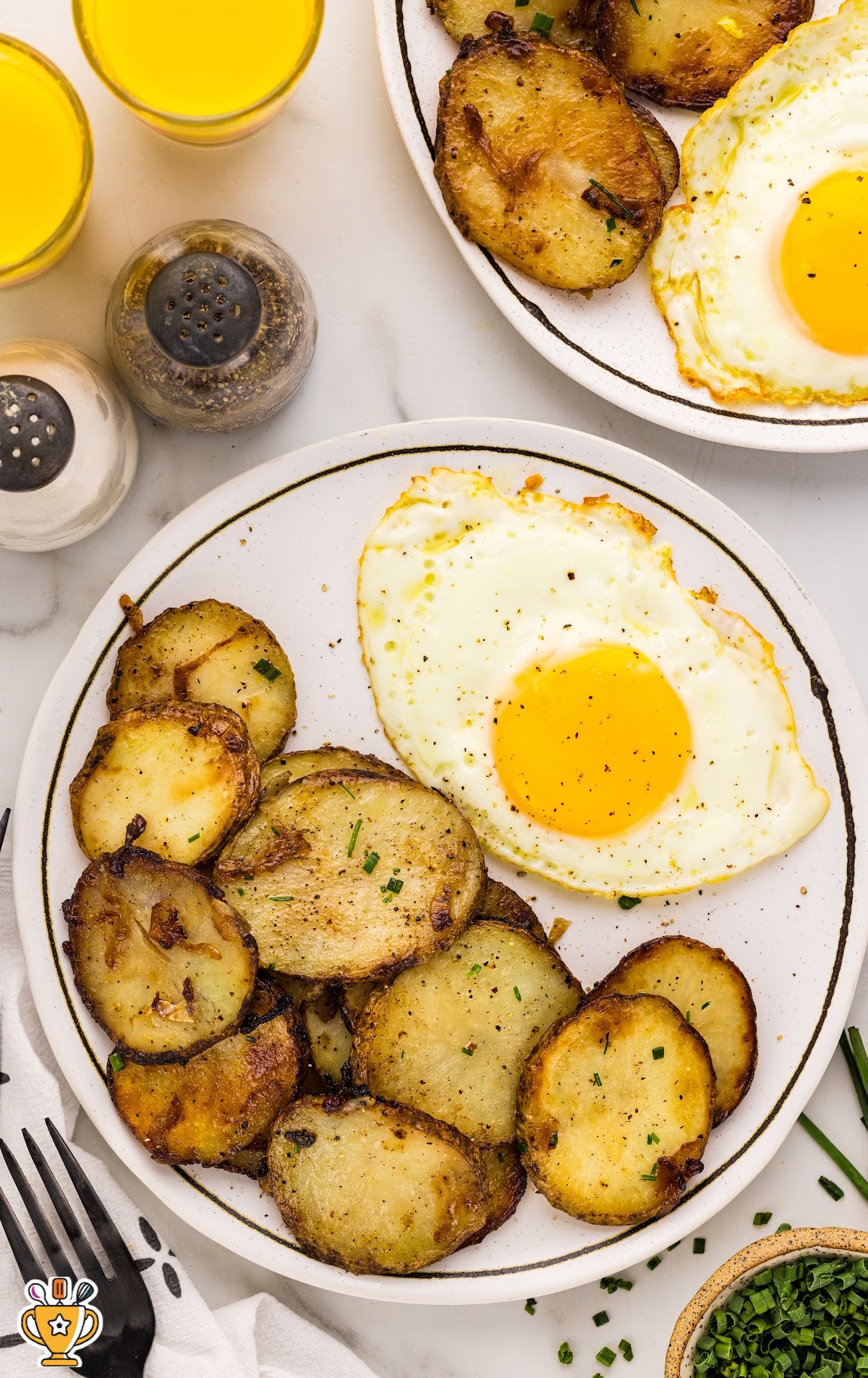 Fried Onions and Potatoes and fried eggs on a plate