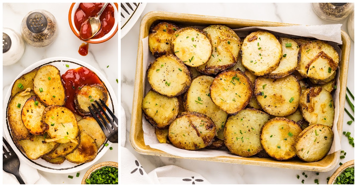 Fried Onions and Potatoes in a baking pan and on a serving plate