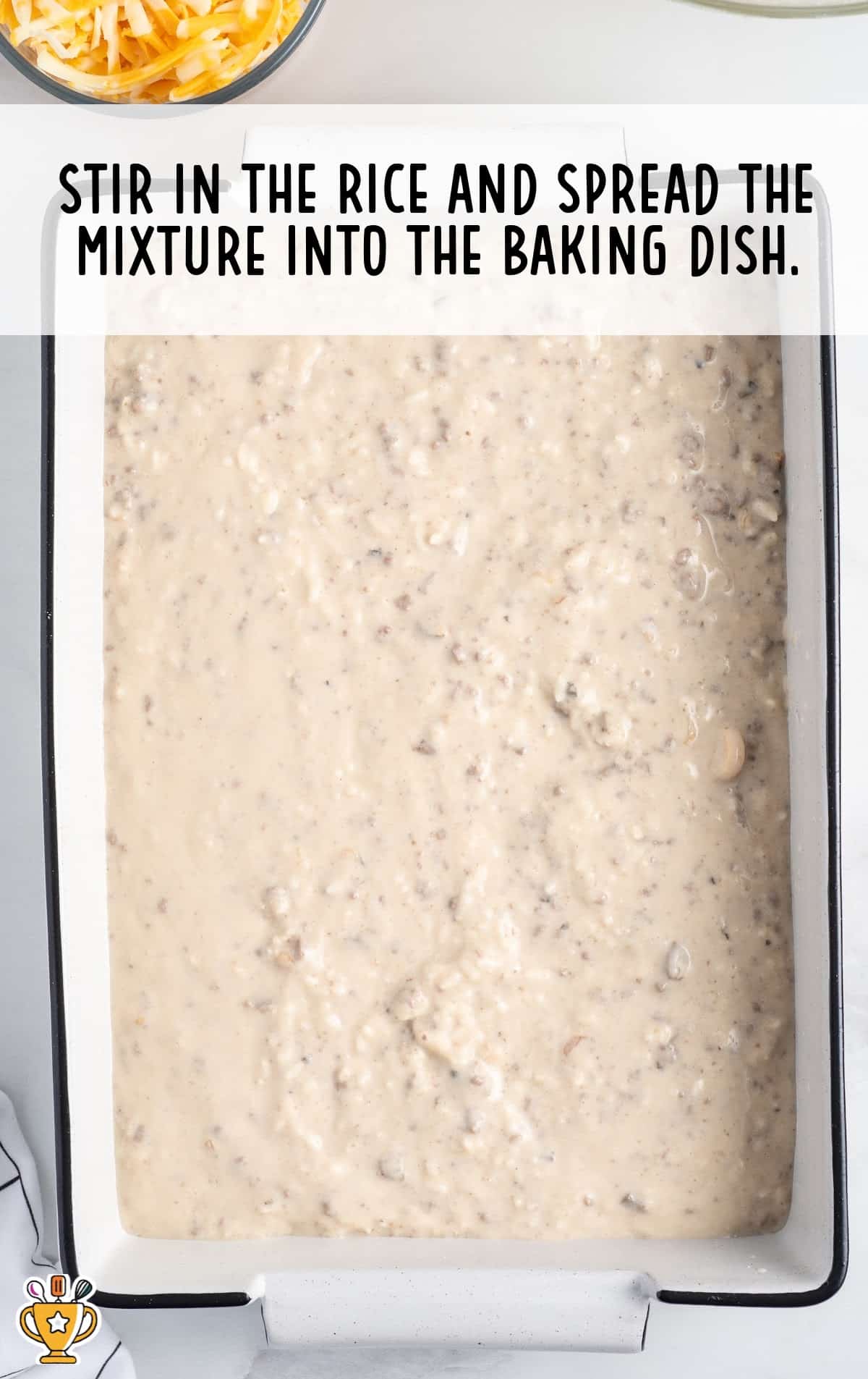 the rice and the soup mixture in the baking dish