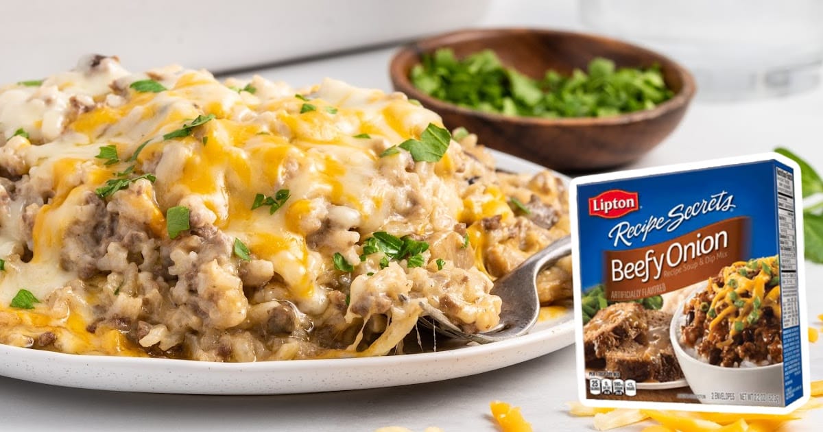 a plate of Hamburger Rice Casserole with a fork.