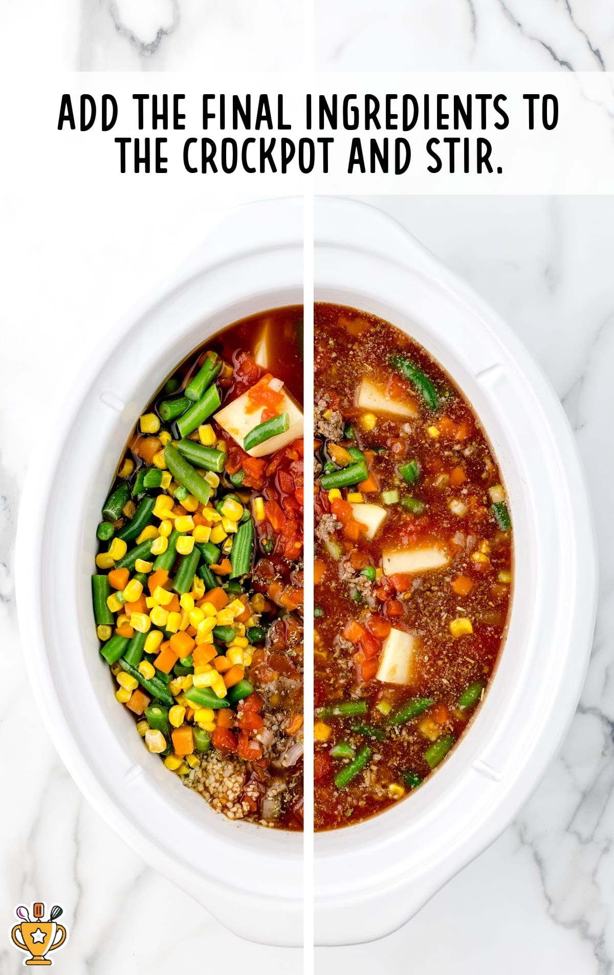A crockpot full of Hamburger Soup Crockpot ingredients ready for cooking