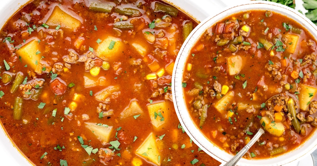 A bowl of Hamburger Soup Crockpot with a spoon in it