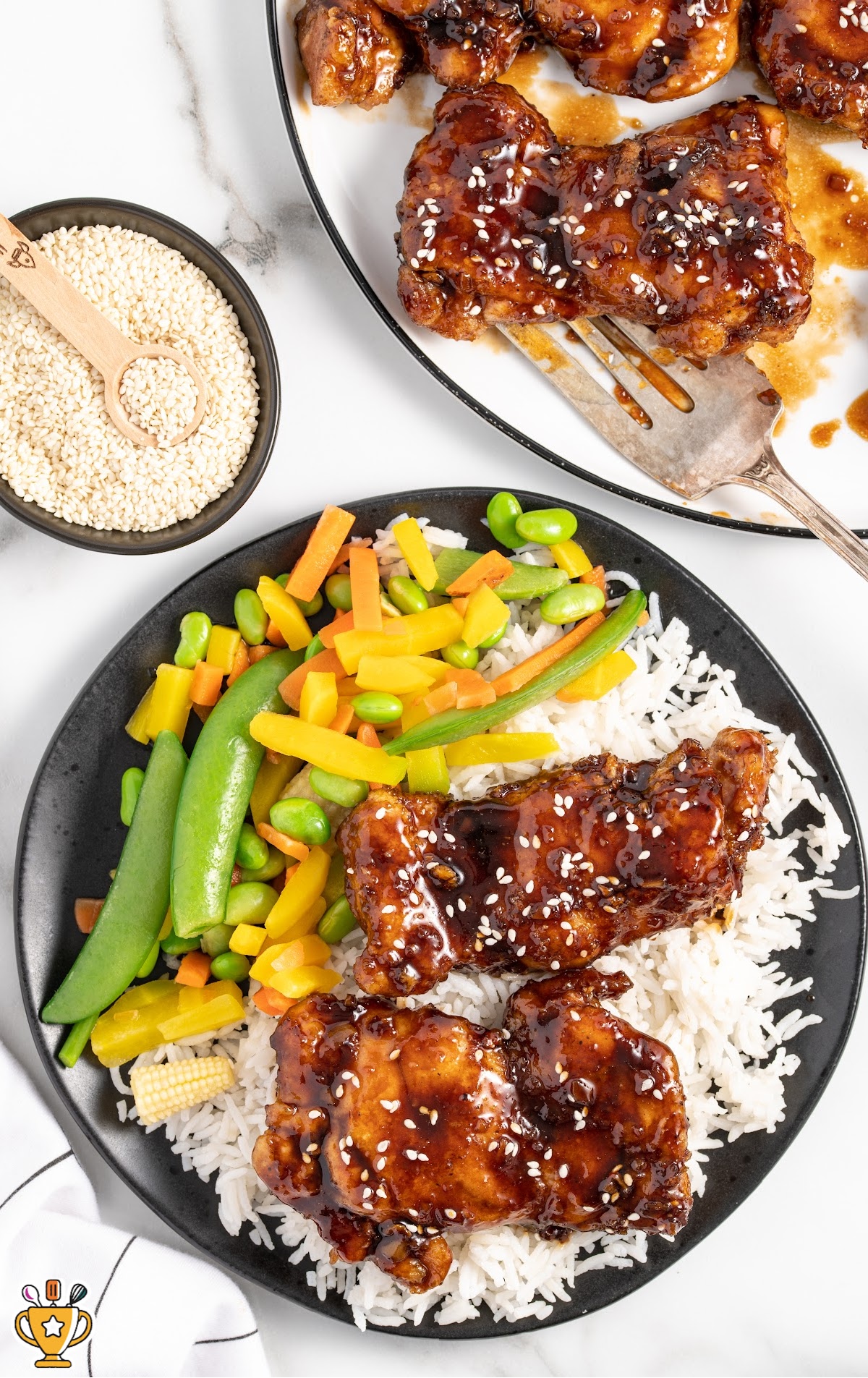 Honey Glazed Chicken served with rice and greens veggies on a plate
