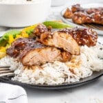 Honey Glazed Chicken on a plate with rice