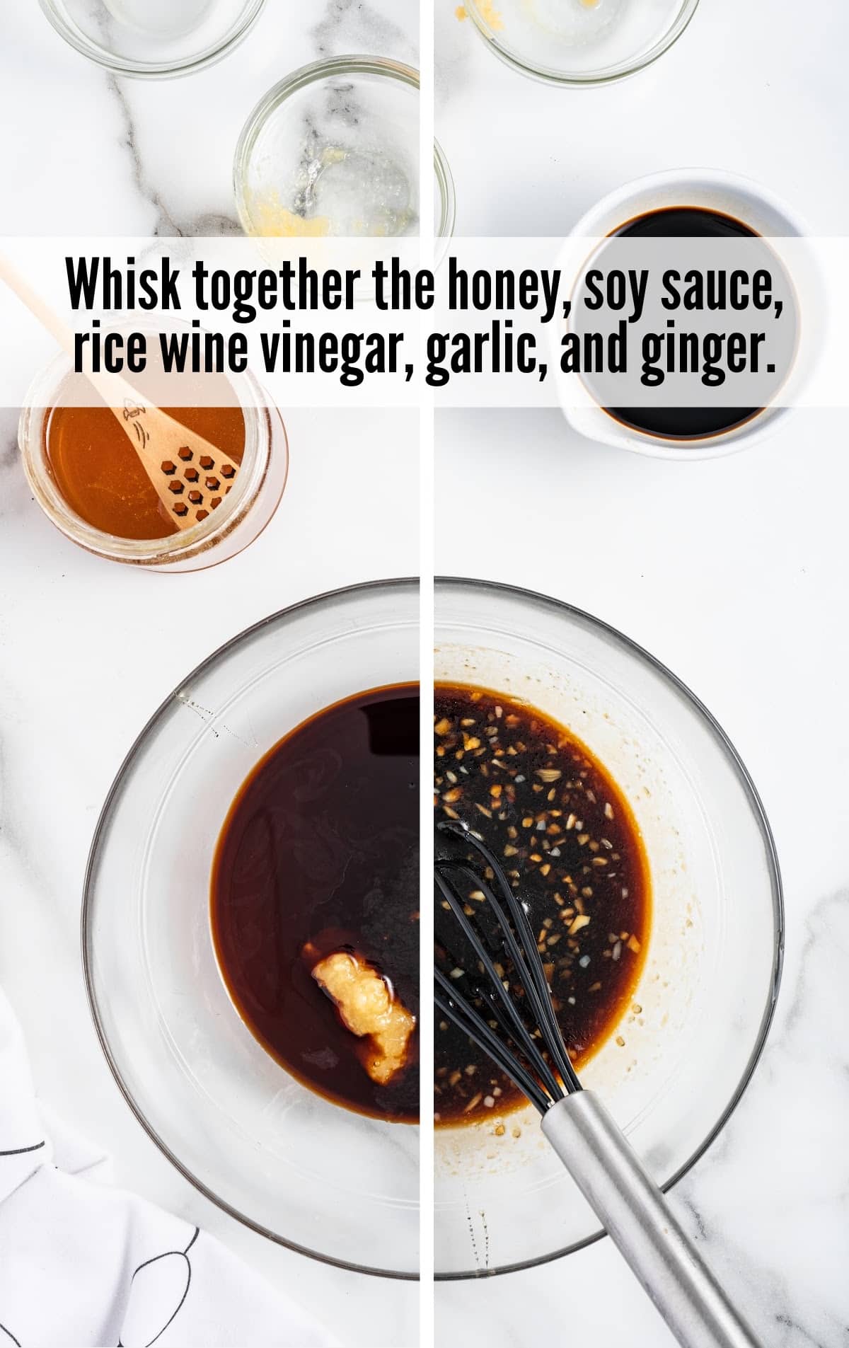 honey, soy sauce, rice wine vinegar, garlic and ginger added in a bowl