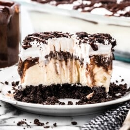 A slice of ice cream dessert on a white plate