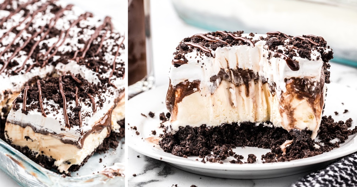 Ice cream dessert is sliced and put on a white plate.