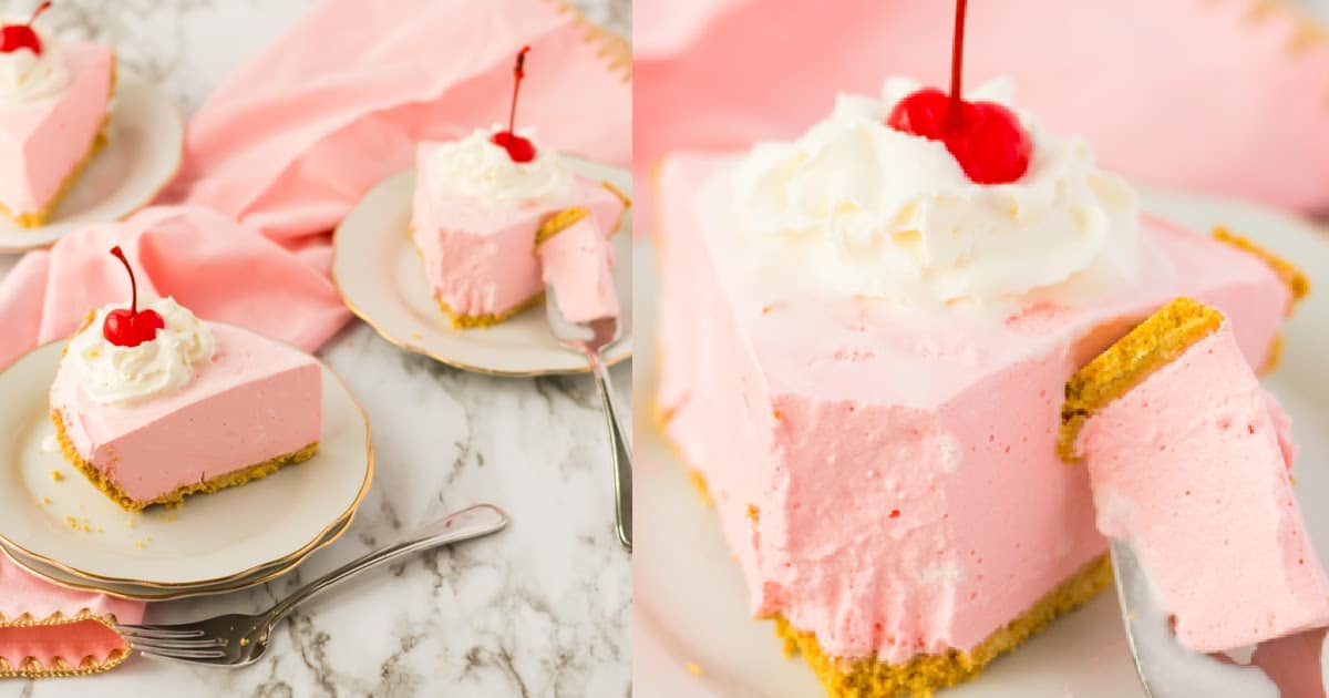 Slices of jello pie on white dessert plates.