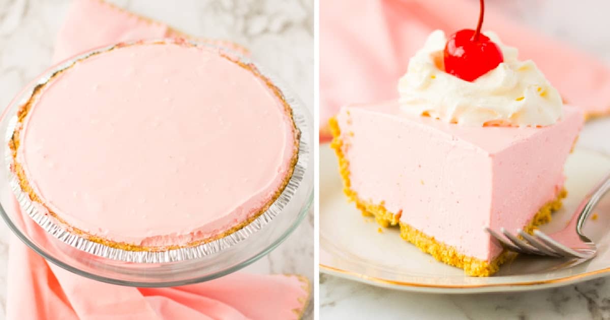 A whole jello pie beside a slice of pie garnished with whipped cream and a cherry.