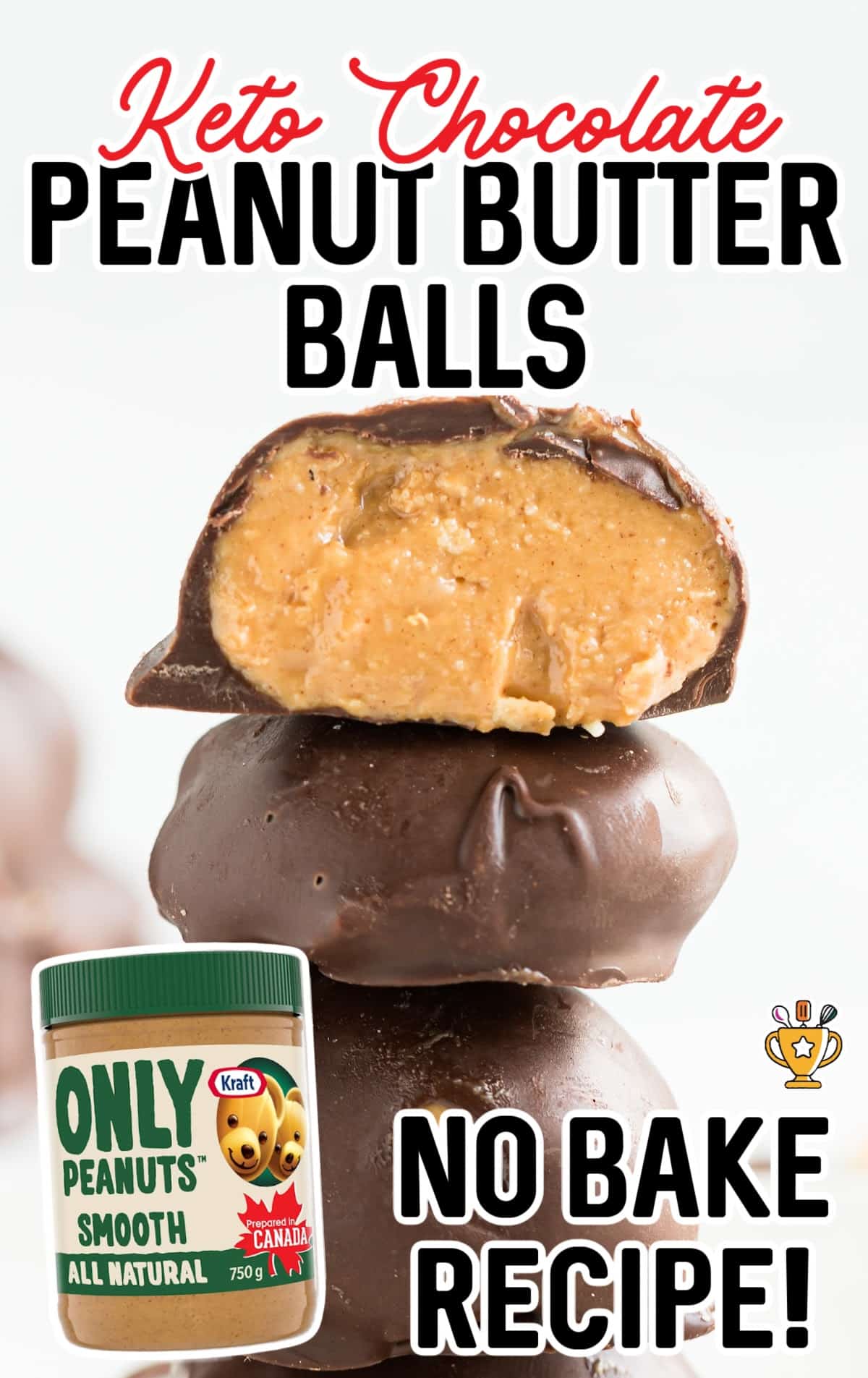 A stack of Keto Chocolate Peanut Butter Balls with a jar of peanut butter on the side