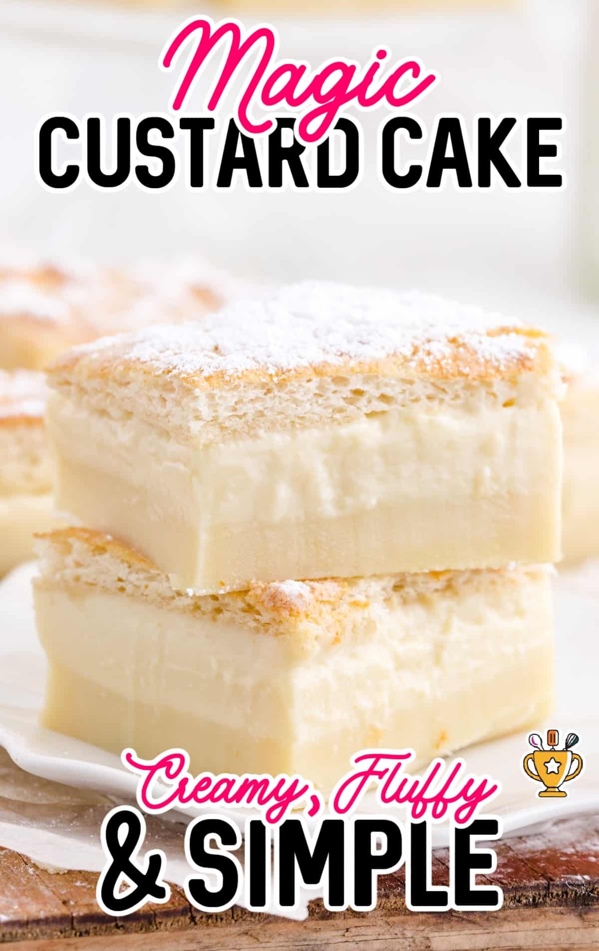 two pieces of Magic Custard Cake , one on top of the other