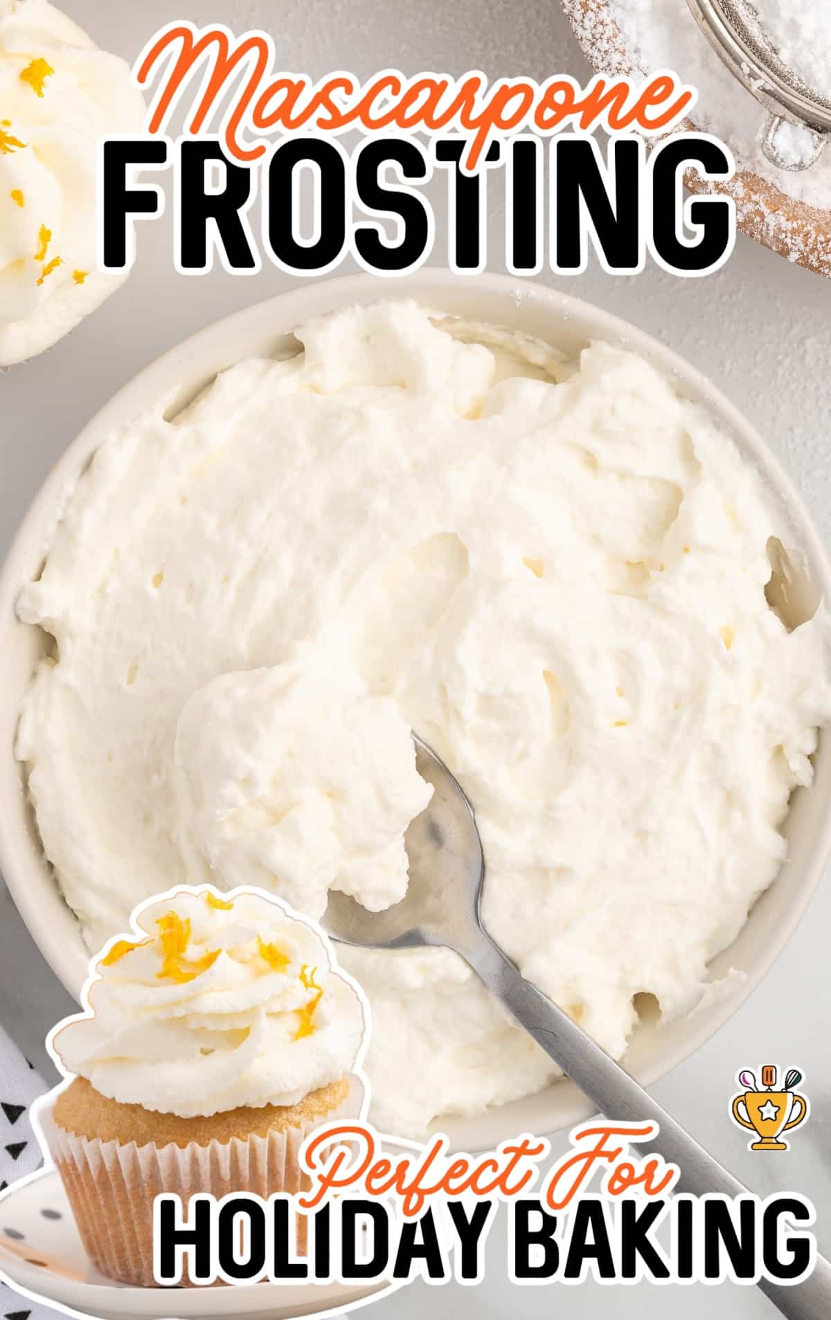 Mascarpone Frosting in a bowl and on a cupcake