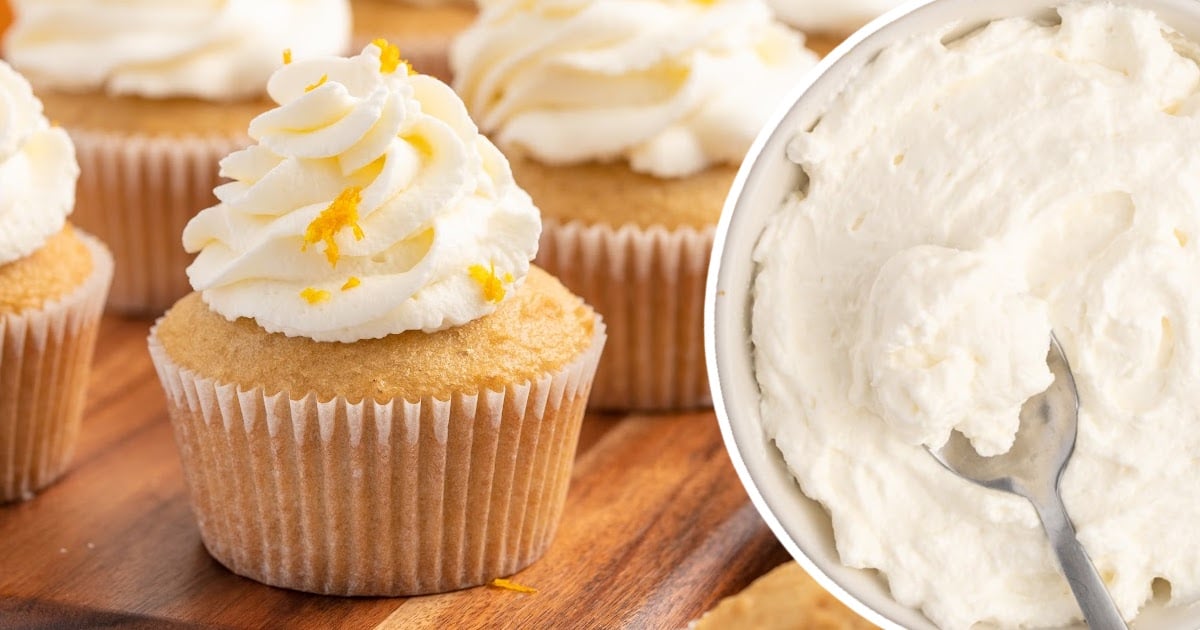 Mascarpone Frosting in a bowl with a spoon and on top of a cupcake