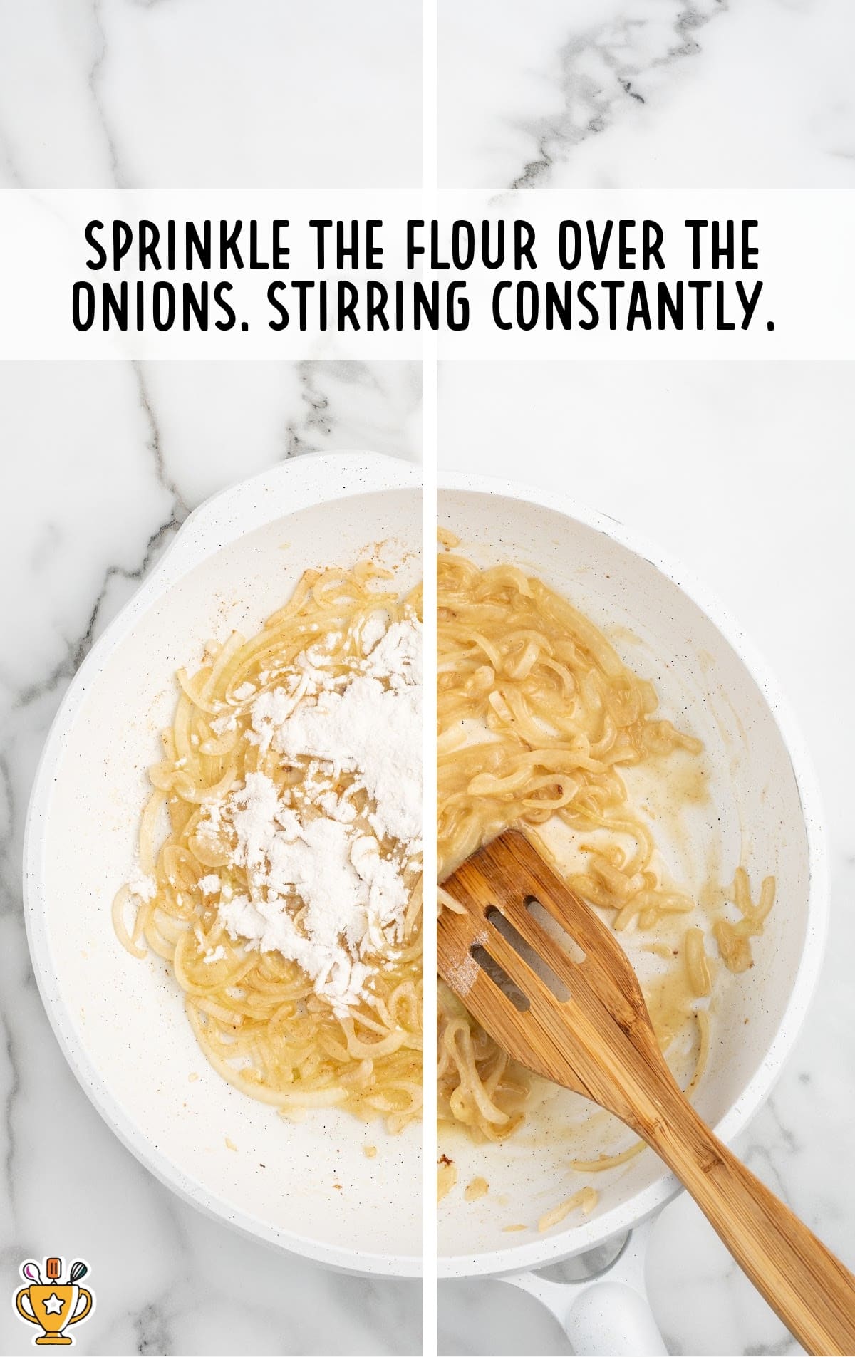 mixing flour and onions in a pan by a wooden spoon