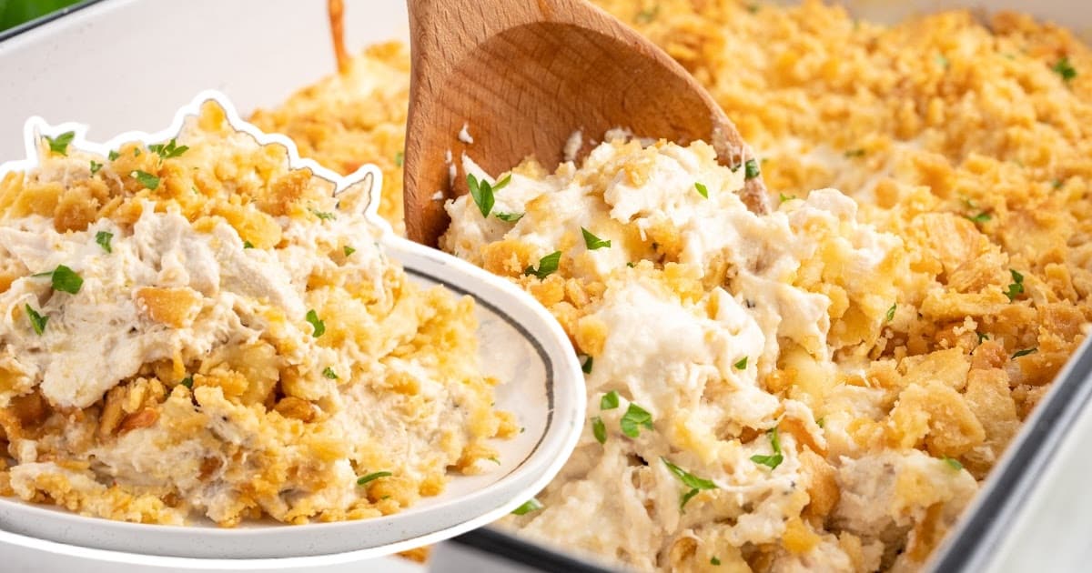 a pan of chicken casserole with a serving spoon, as well as a plate with a serving of casserole on it.