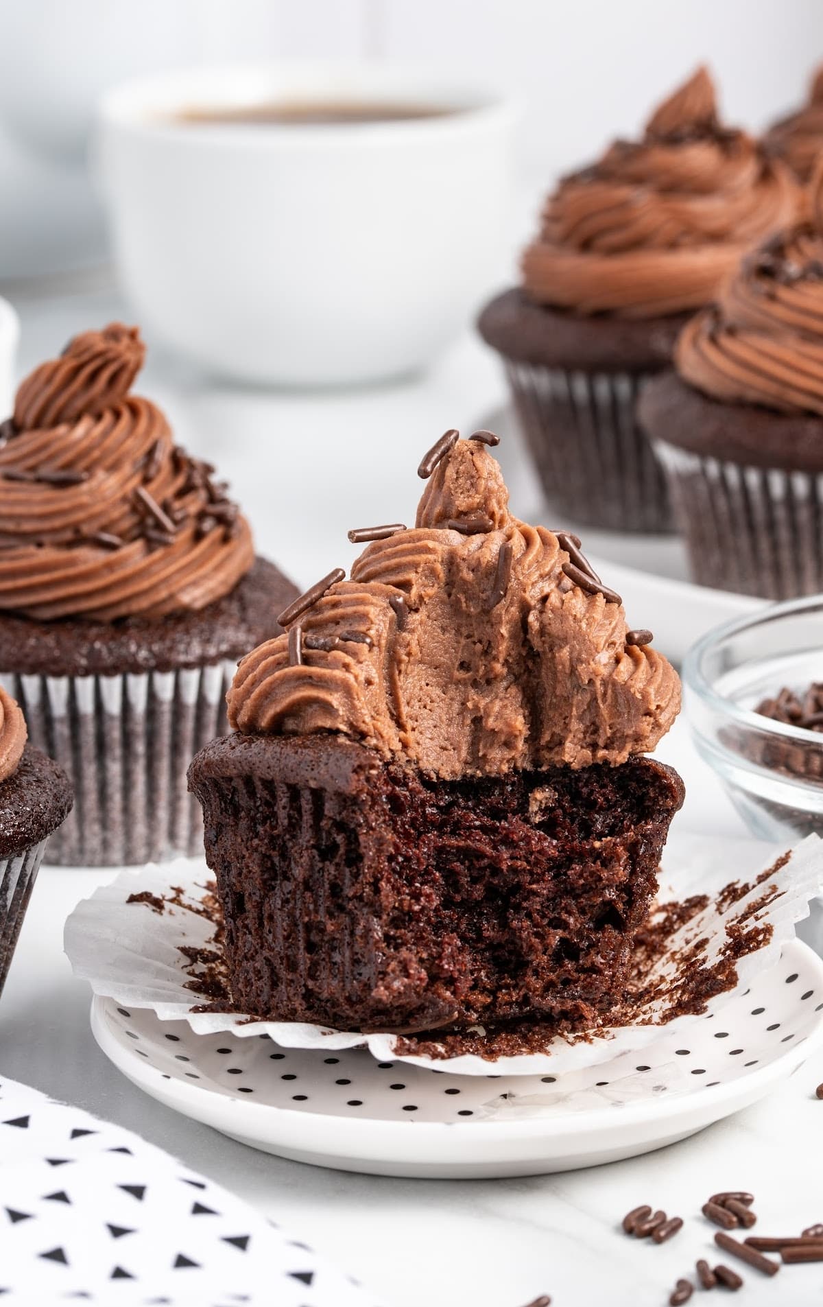 A Moist Chocolate Cupcake on a plate