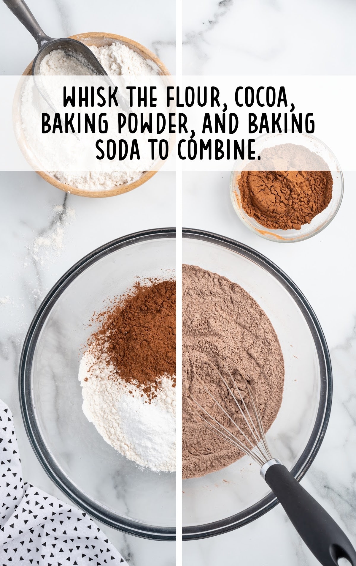 flour, cocoa, baking soda in a bowl