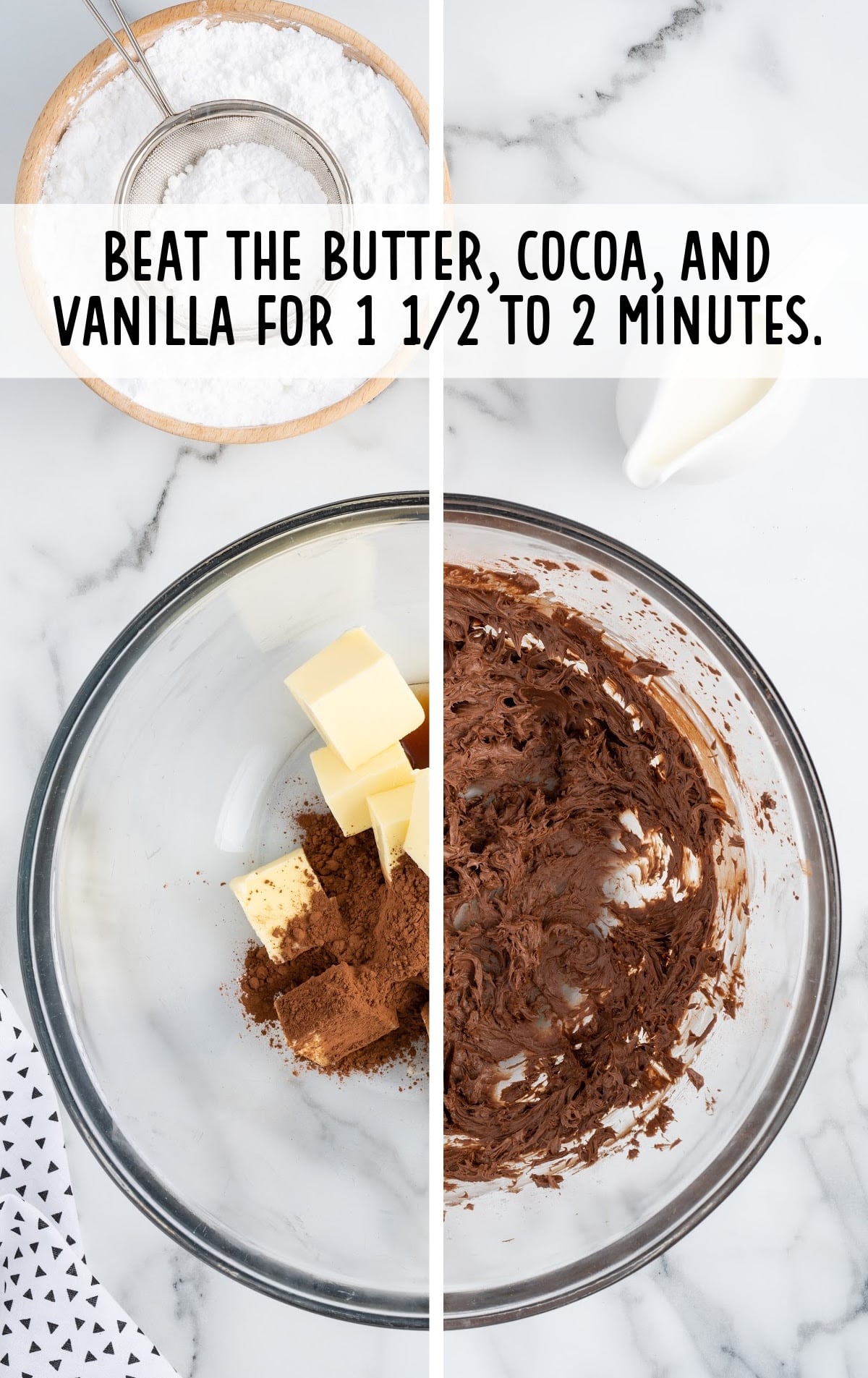 butter, cocoa and vanilla beat together in a bowl