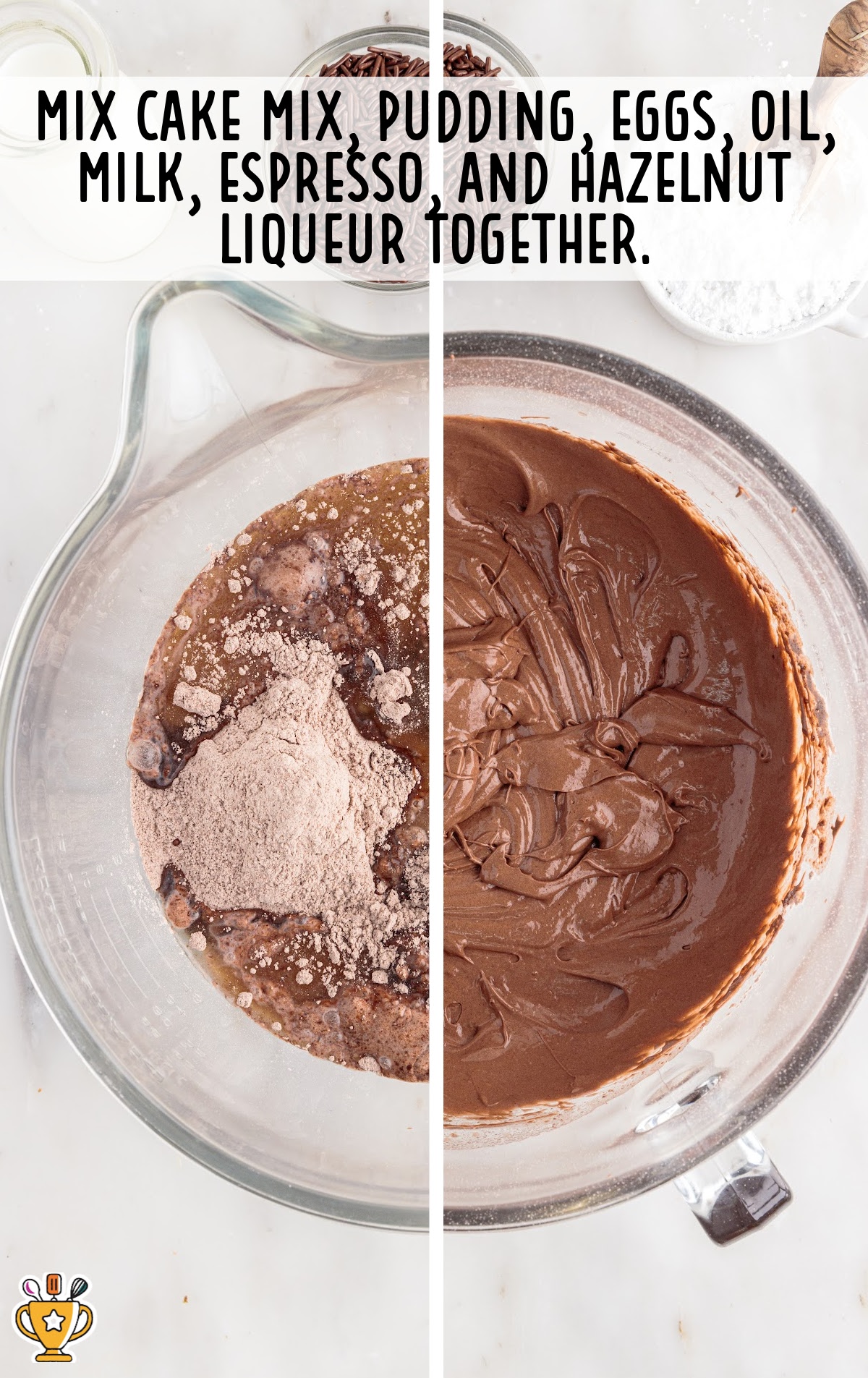cake mix, pudding, eggs, oil, milk, espresso and hazelnut liqueur mixed together in a bowl