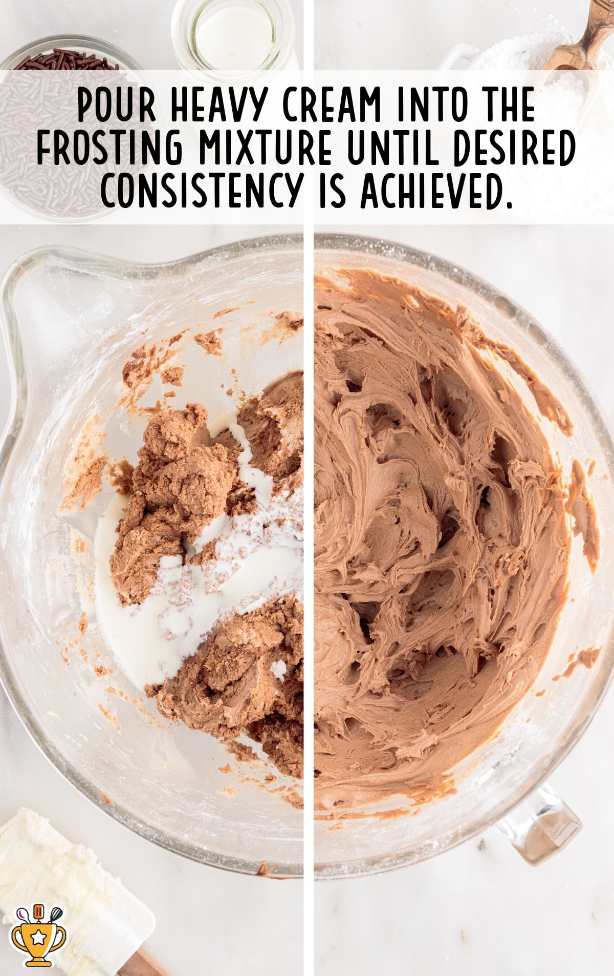 heavy cream over frosting mixture in a bowl