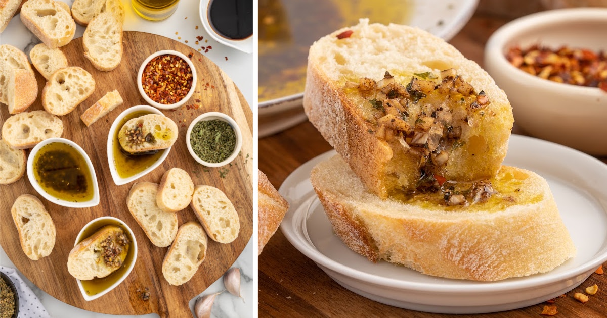 pieces of bread dip on a white plate.