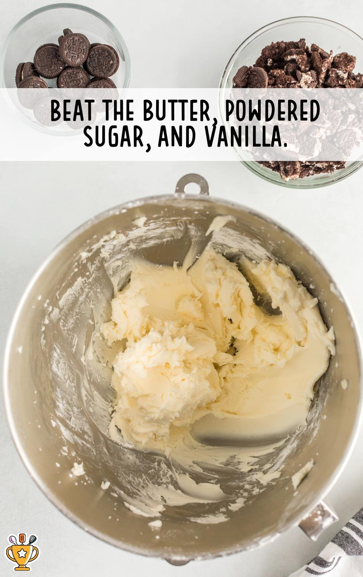 The frosting mixture is made with butter, powdered sugar, and vanilla extract.