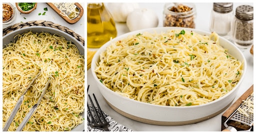 A bowl of parmesan noodles beside a pan of noodles with tongs in it.