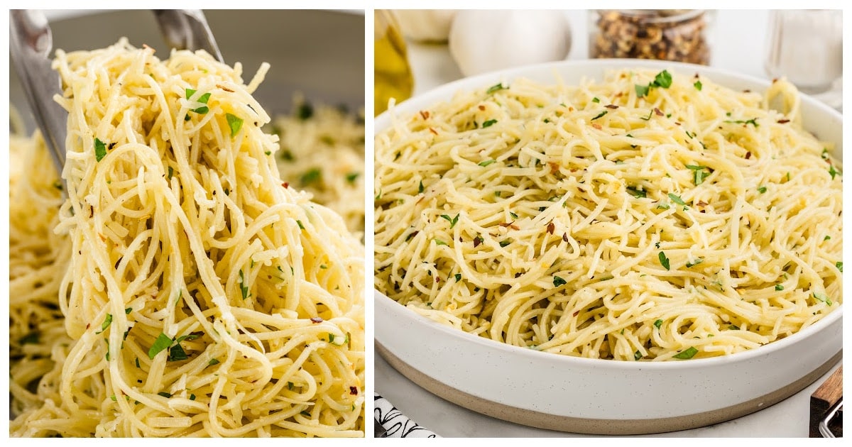 A pair of tongs lifting a serving of Parmesan Noodles beside a bowl of noodles.