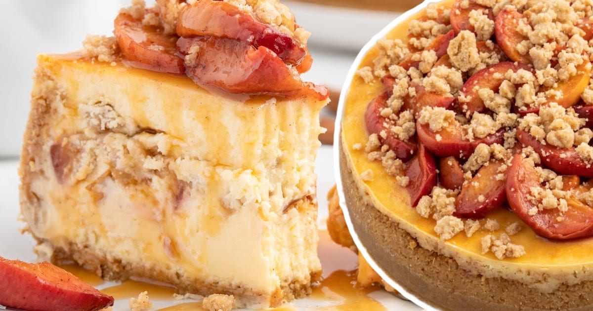 a Peach Cobbler Cheesecake and a piece of it on the side