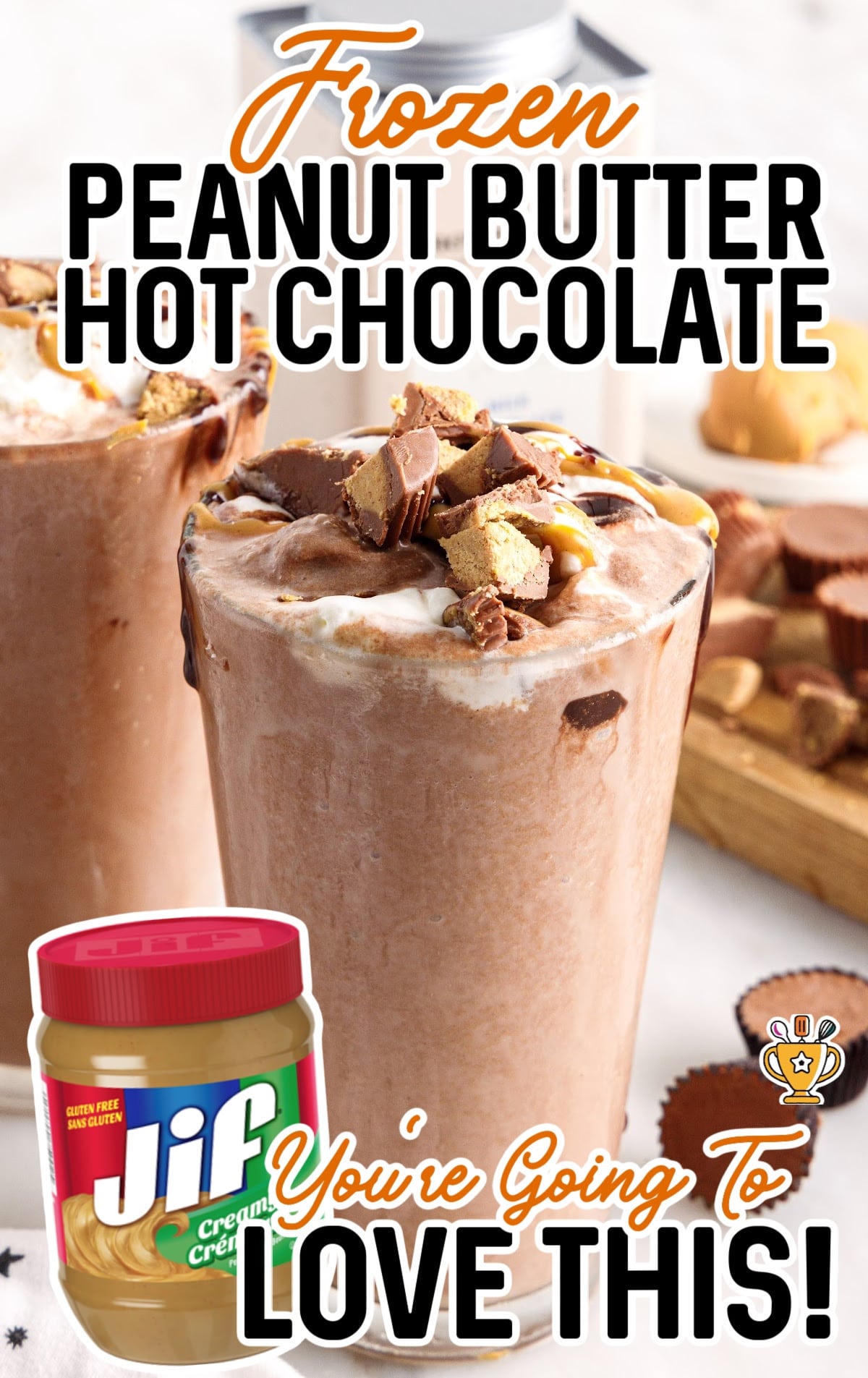 Frozen Peanut Butter Hot Chocolate on a glass