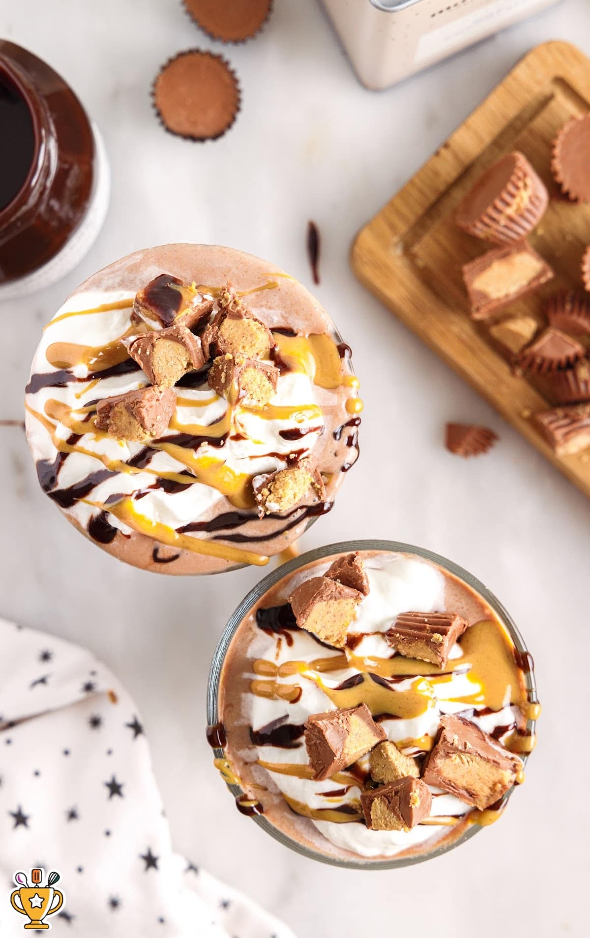 Frozen Peanut Butter Hot Chocolate in glasses