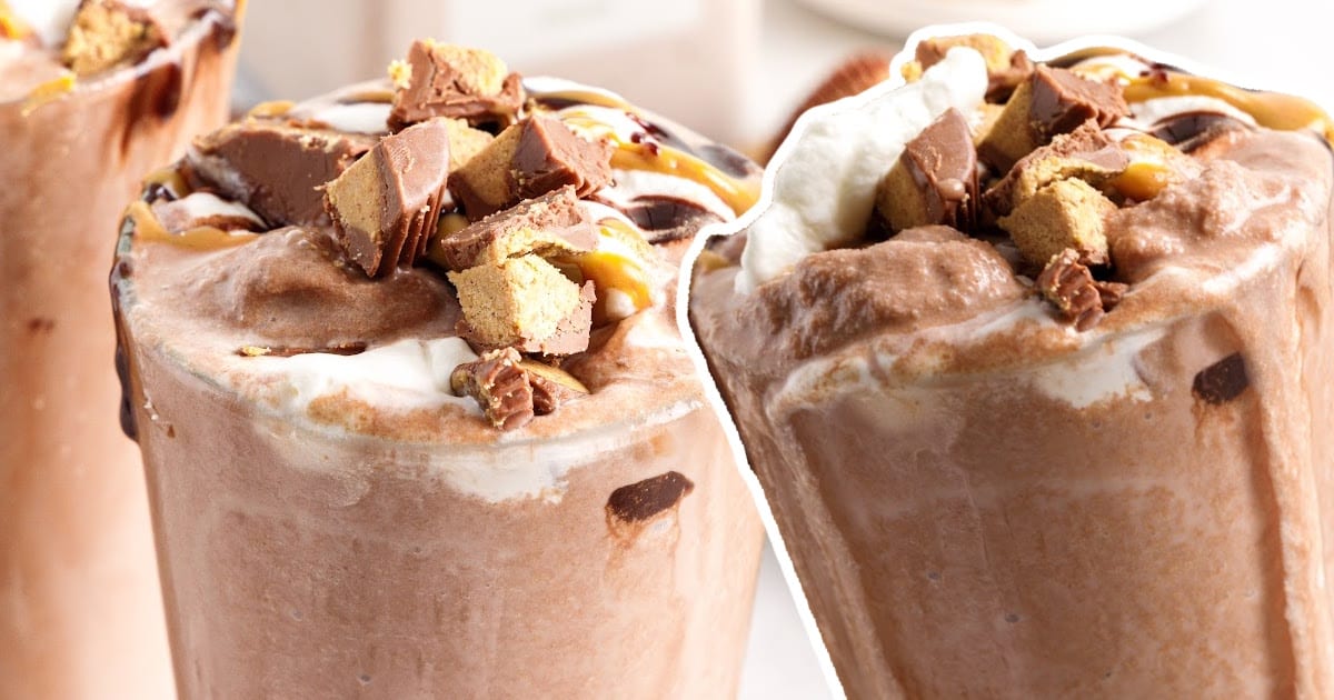 Frozen Peanut Butter Hot Chocolate in glasses