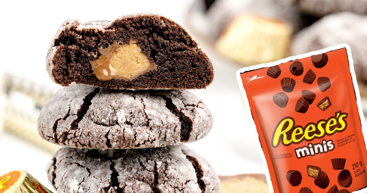 a stack of cookies beside a bag of reese's minis.
