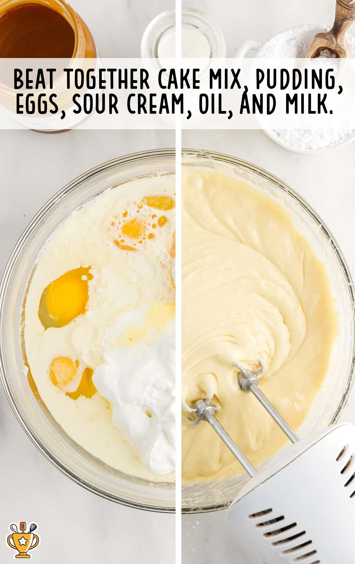 Cake mix, pudding, eggs, sour cream, oil, and milk beat together in a bowl.