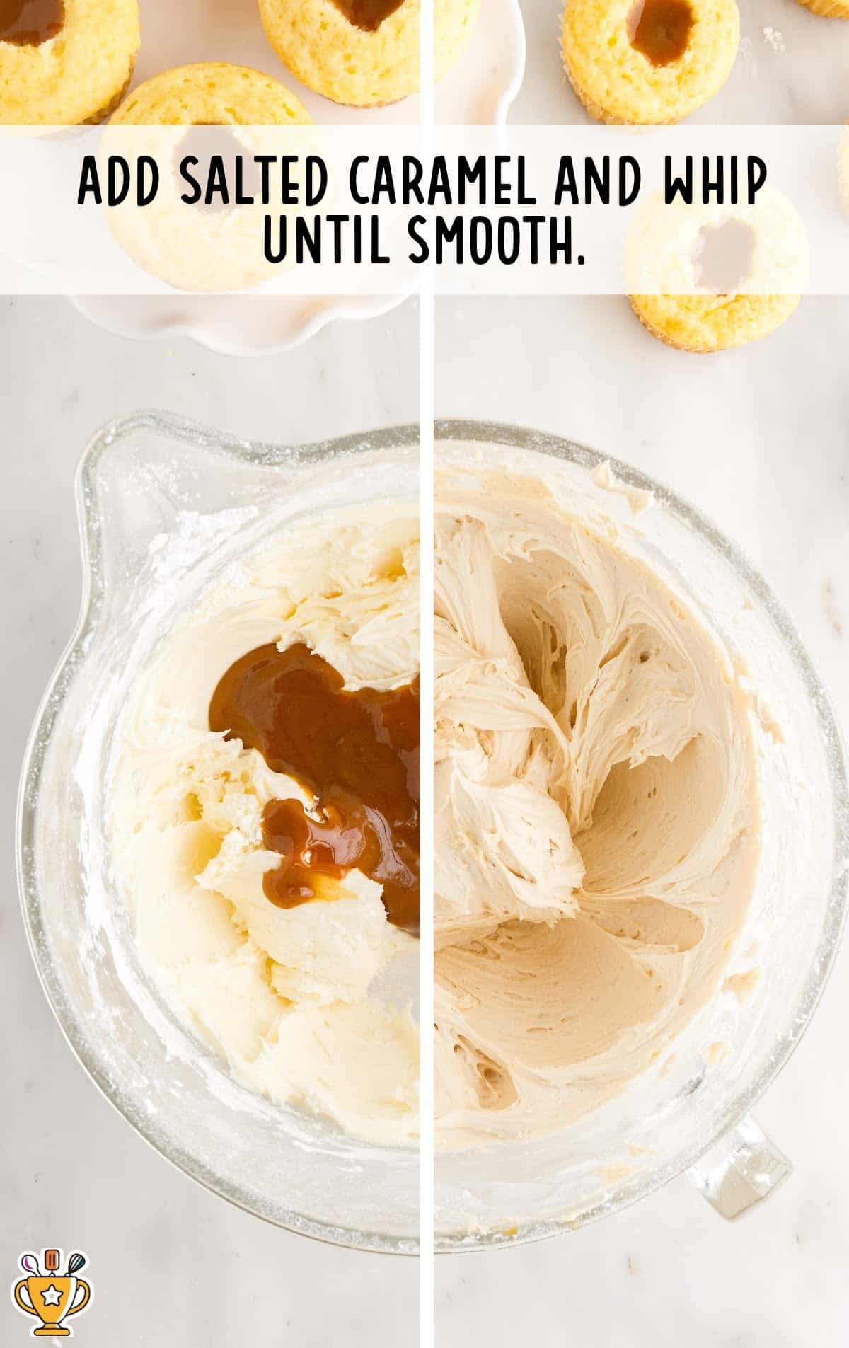 A glass bowl of frosting with caramel blended into it.